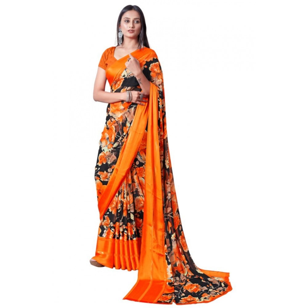 Amfyn Women's Sattin Patta Printed Saree With Unstitched Blouse (Orange, 5-5 Mtrs)