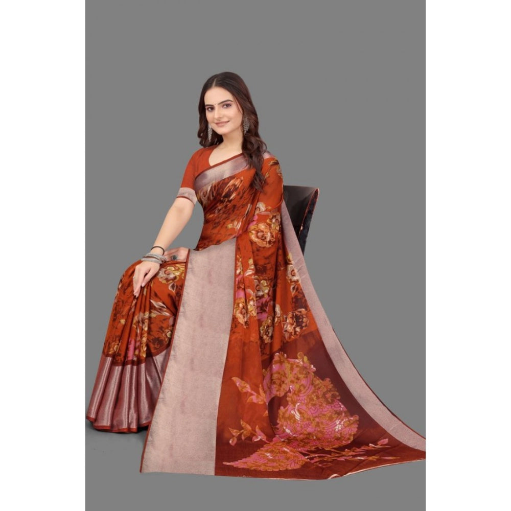 Amfyn Women's Chiffon Printed Saree With Unstitched Blouse (Red, 5-5 Mtrs)
