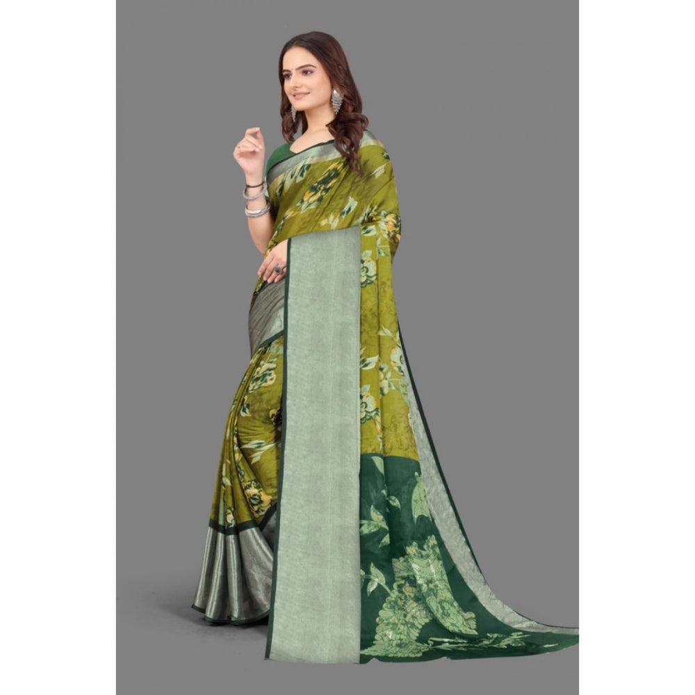 Amfyn Women's Chiffon Printed Saree With Unstitched Blouse (Mehendi, 5-5 Mtrs)