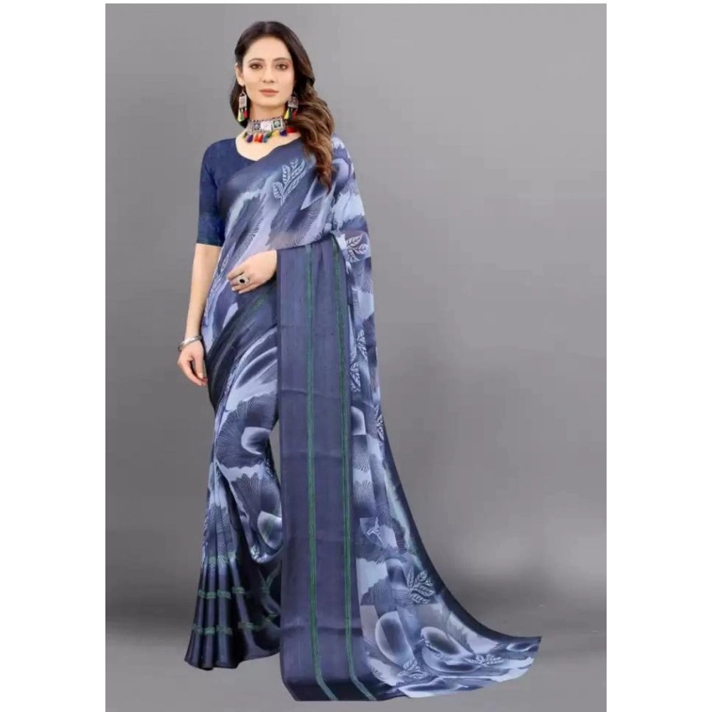 Amfyn Women's Sattin Patta Printed Saree With Unstitched Blouse (Navy Blue, 5-5 Mtrs)