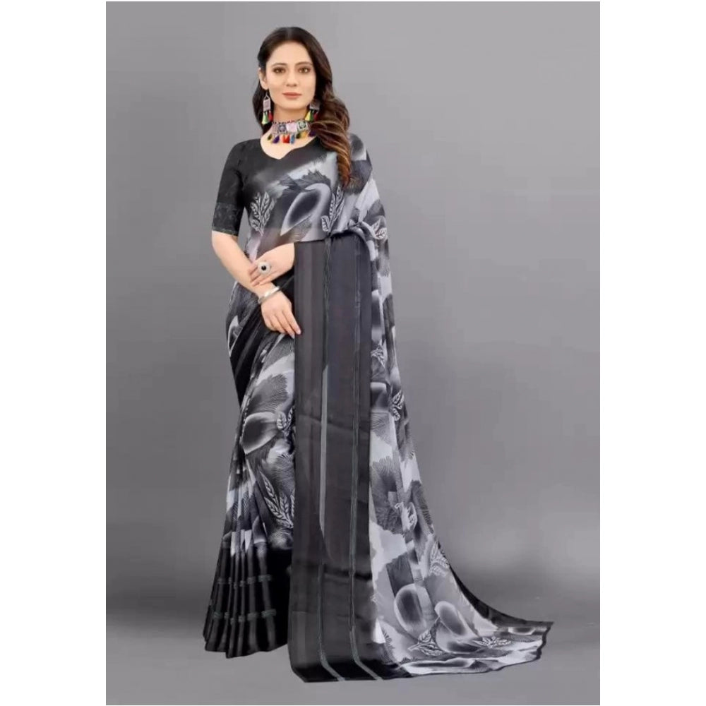 Amfyn Women's Sattin Patta Printed Saree With Unstitched Blouse (Black, 5-5 Mtrs)