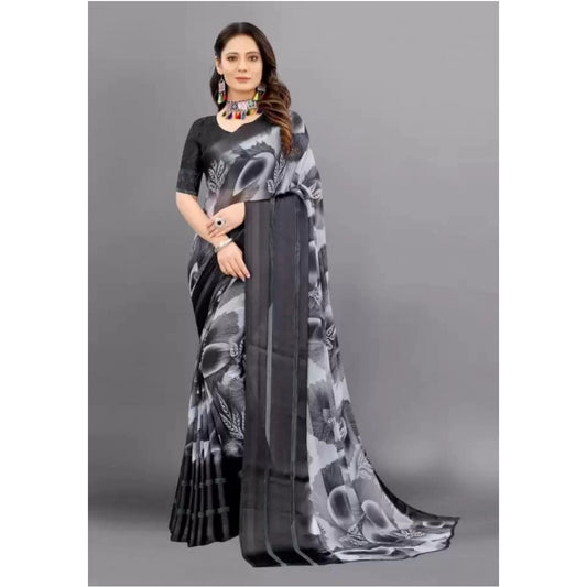 Amfyn Women's Sattin Patta Printed Saree With Unstitched Blouse (Black, 5-5 Mtrs)