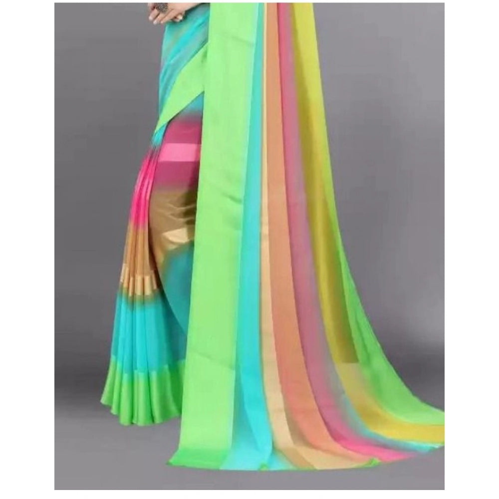 Amfyn Women's Sattin Patta Printed Saree With Unstitched Blouse (Green, 5-5 Mtrs)