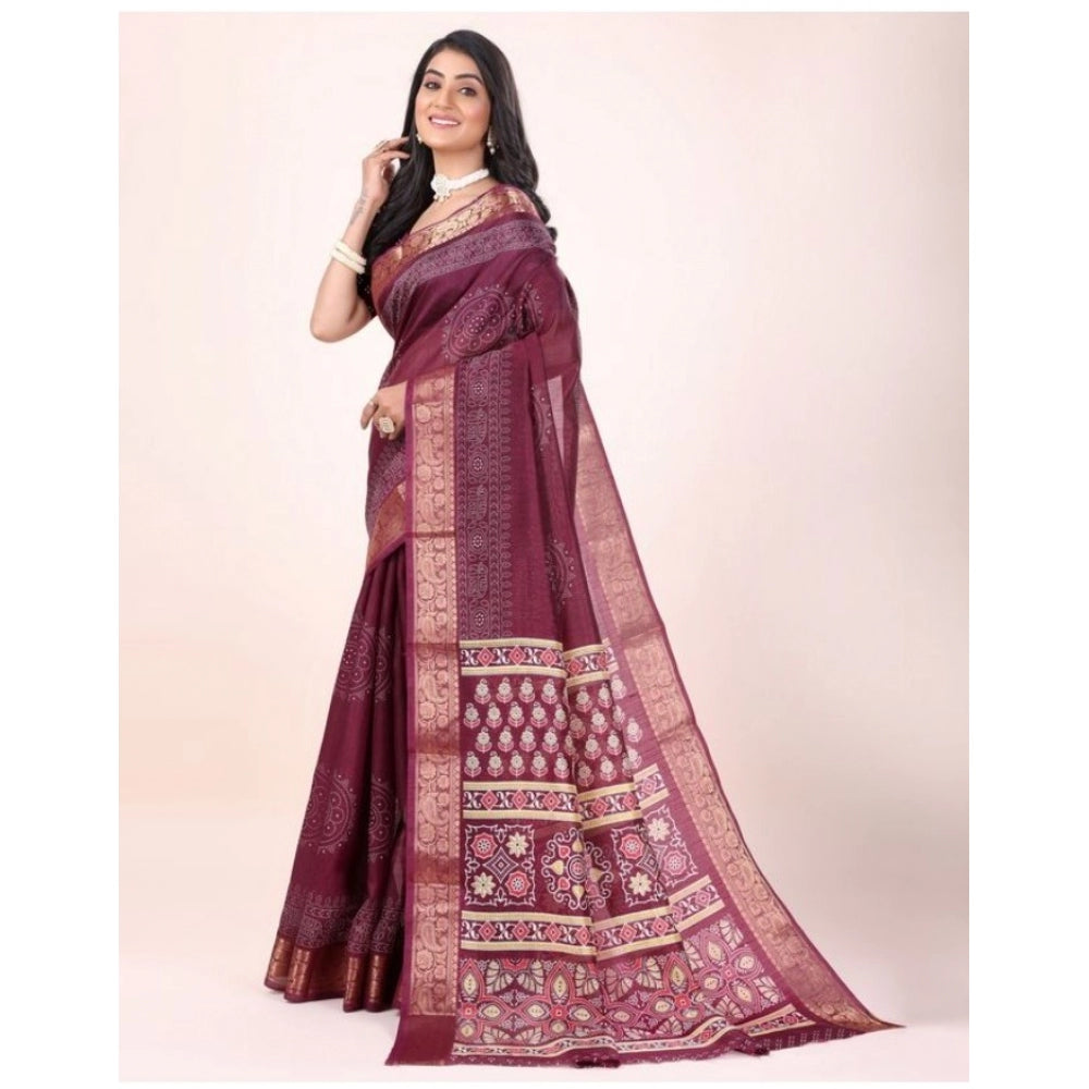 Amfyn Women's Cotton Printed Saree With Unstitched Blouse (Maroon, 5-5 Mtrs)