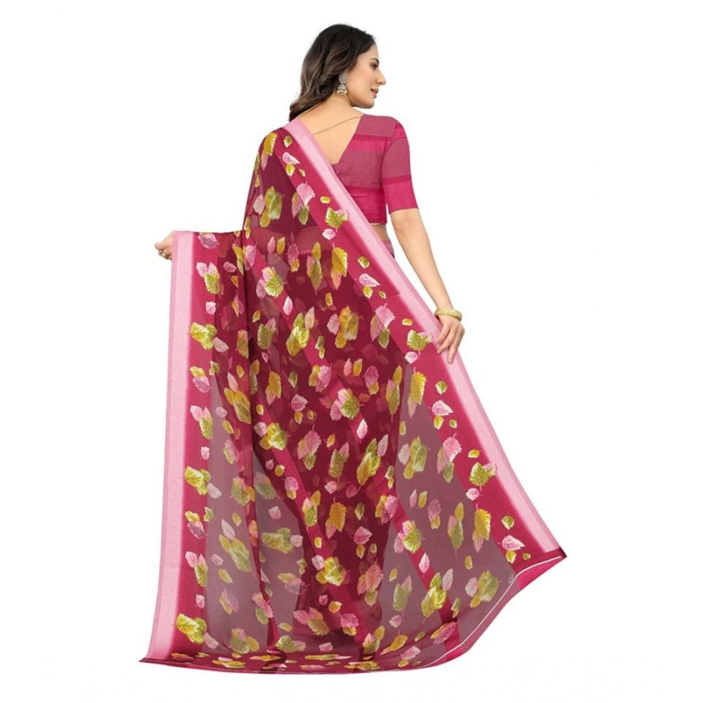Amfyn Women's Sattin Patta Printed Saree With Unstitched Blouse (Maroon, 5-5 Mtrs)