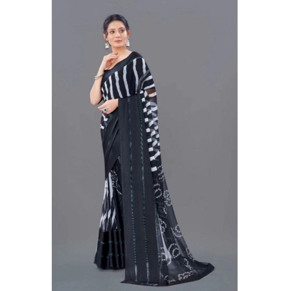 Amfyn Women's Sattin Patta Printed Saree With Unstitched Blouse (Black, 5-5 Mtrs)