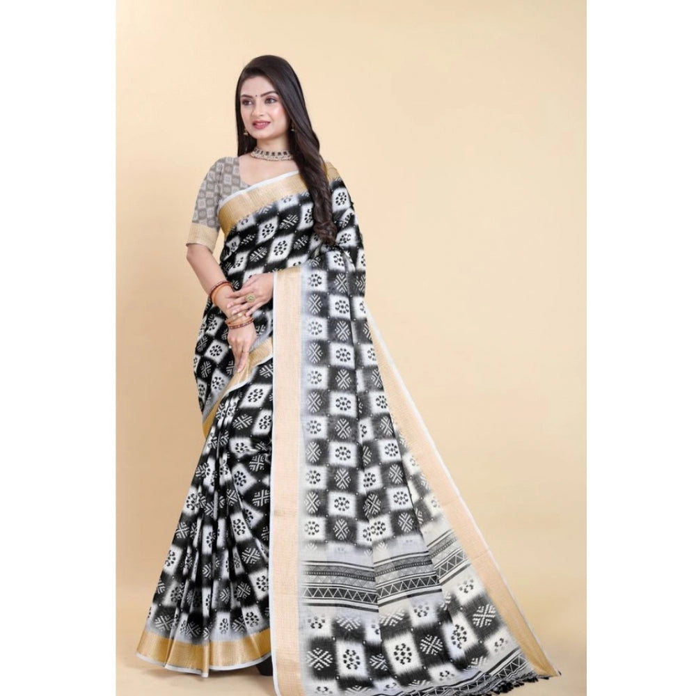 Amfyn Women's Linen Printed Saree With Unstitched Blouse (Black, 5-5 Mtrs)