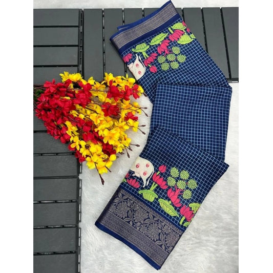 Amfyn Women's Dola Silk Printed Saree With Unstitched Blouse (Navy Blue, 5-5 Mtrs)