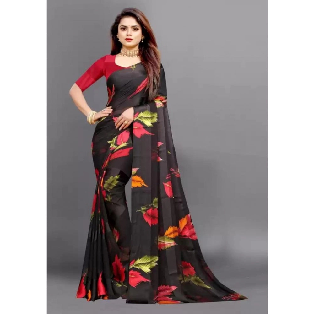Amfyn Women's Sattin Patta Printed Saree With Unstitched Blouse (Black, 5-5 Mtrs)