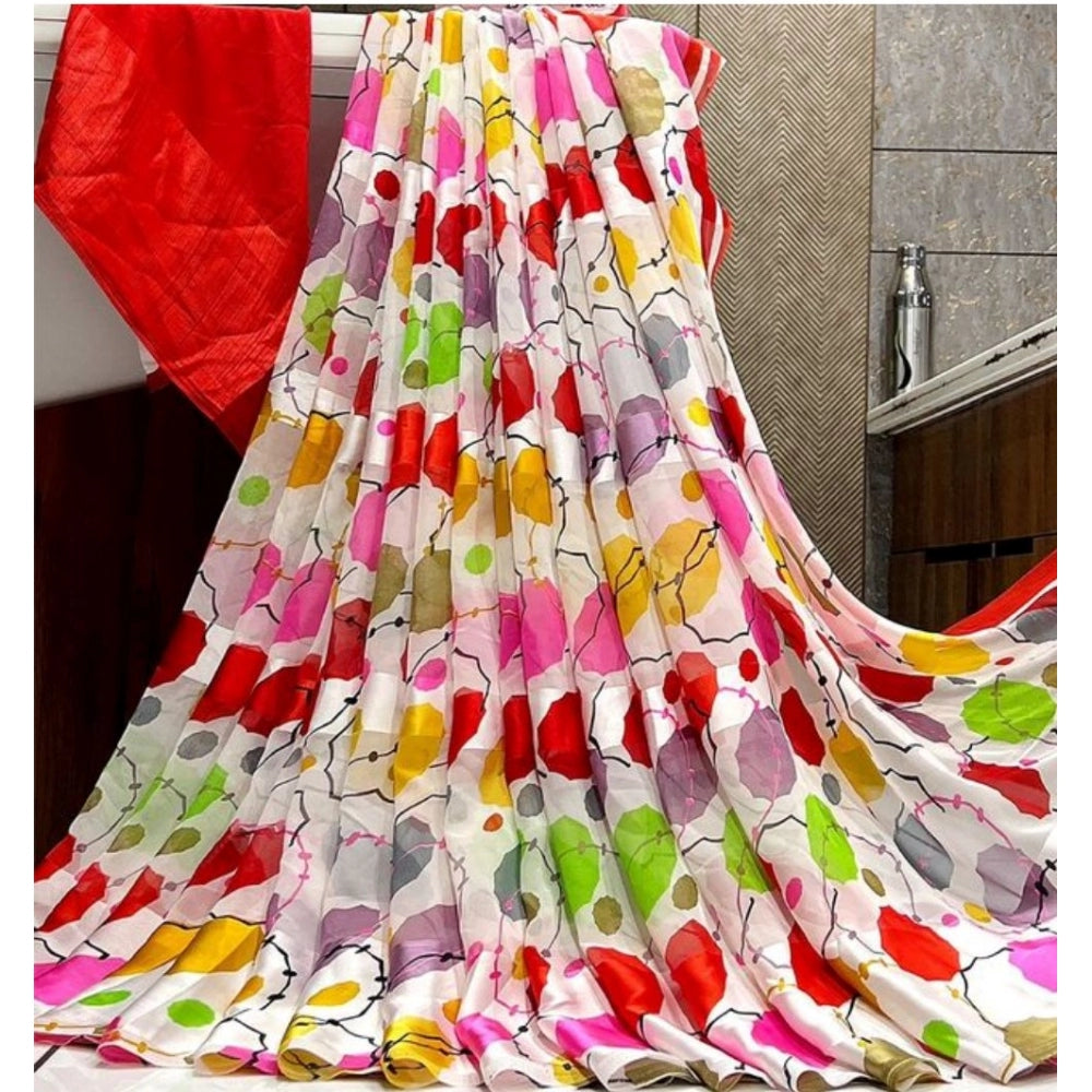 Amfyn Women's Sattin Patta Printed Saree With Unstitched Blouse (Red, 5-5 Mtrs)