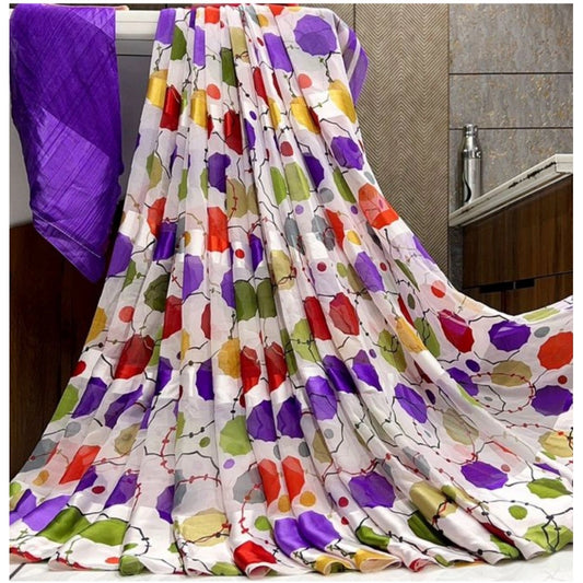 Amfyn Women's Sattin Patta Printed Saree With Unstitched Blouse (Purple, 5-5 Mtrs)