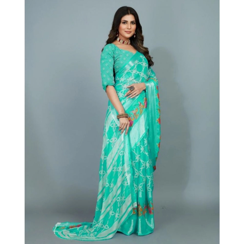 Amfyn Women's Moss Chiffon Printed Saree With Unstitched Blouse (Teal, 5-5 Mtrs)
