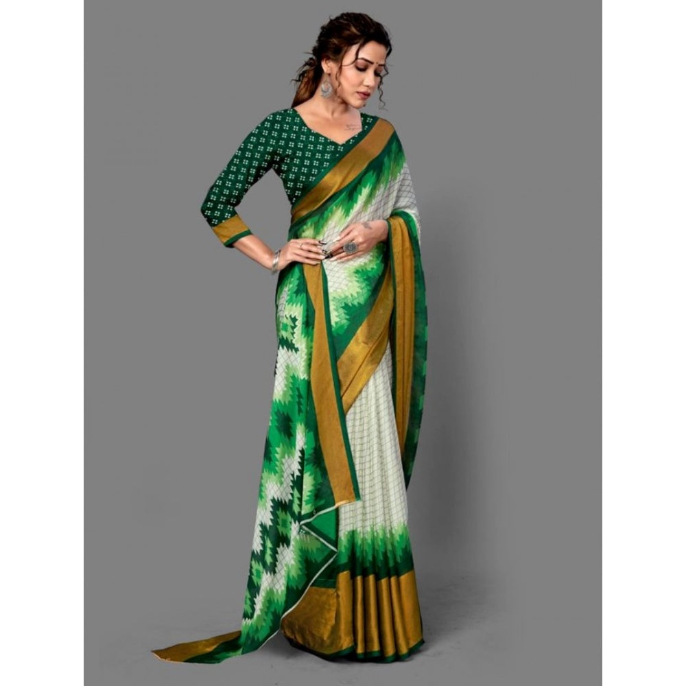 Amfyn Women's Chiffon Printed Saree With Unstitched Blouse (Green, 5-5 Mtrs)