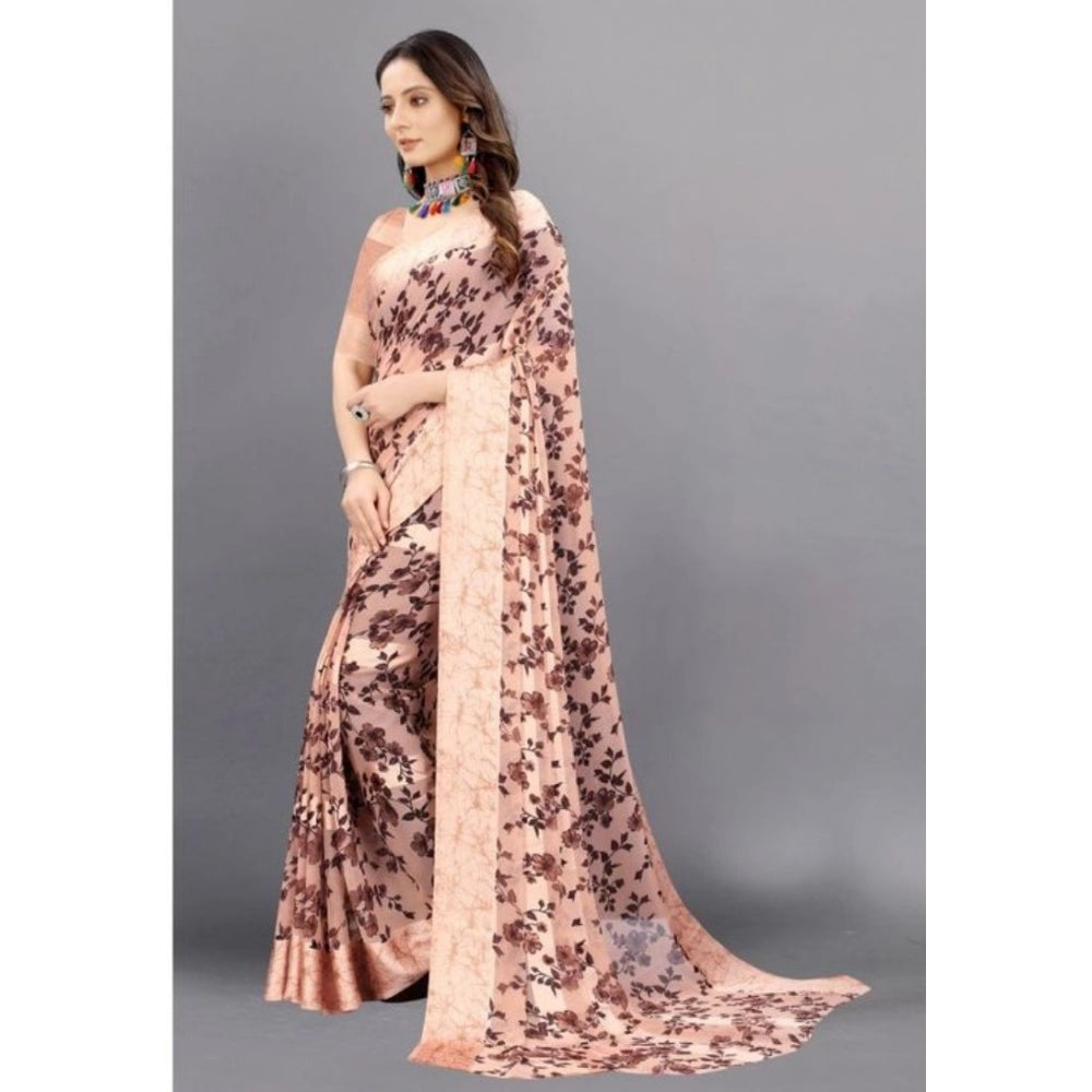 Amfyn Women's Sattin Patta Printed Saree With Unstitched Blouse (Brown, 5-5 Mtrs)