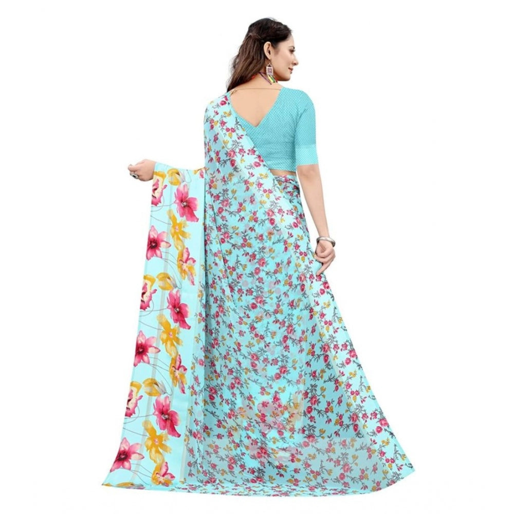 Amfyn Women's Sattin Patta Printed Saree With Unstitched Blouse (Blue, 5-5 Mtrs)