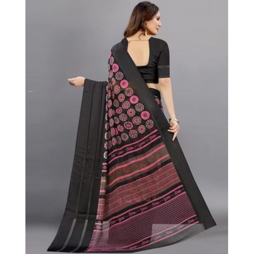 Amfyn Women's Sattin Patta Printed Saree With Unstitched Blouse (Black, 5-5 Mtrs)