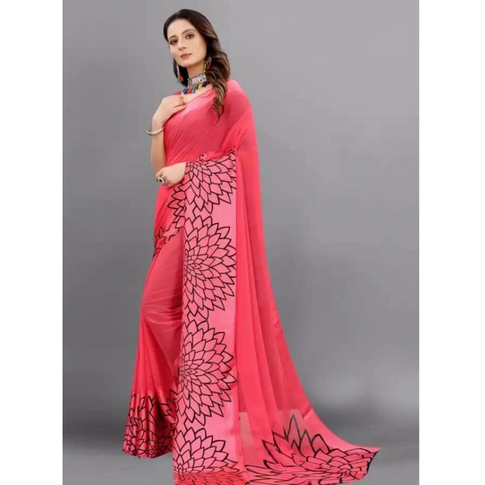 Amfyn Women's Sattin Patta Printed Saree With Unstitched Blouse (Pink, 5-5 Mtrs)