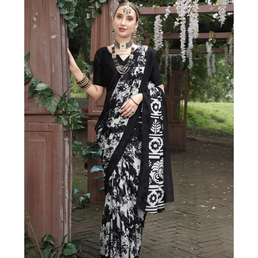 Amfyn Women's Georgette Printed Saree With Unstitched Blouse (Black, 5-5 Mtrs)