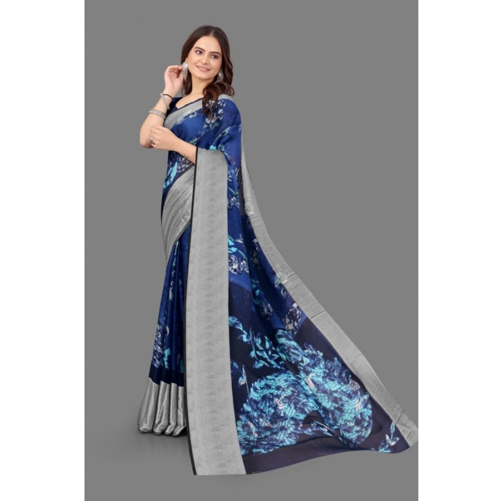 Amfyn Women's Chiffon Printed Saree With Unstitched Blouse (Blue, 5-5 Mtrs)