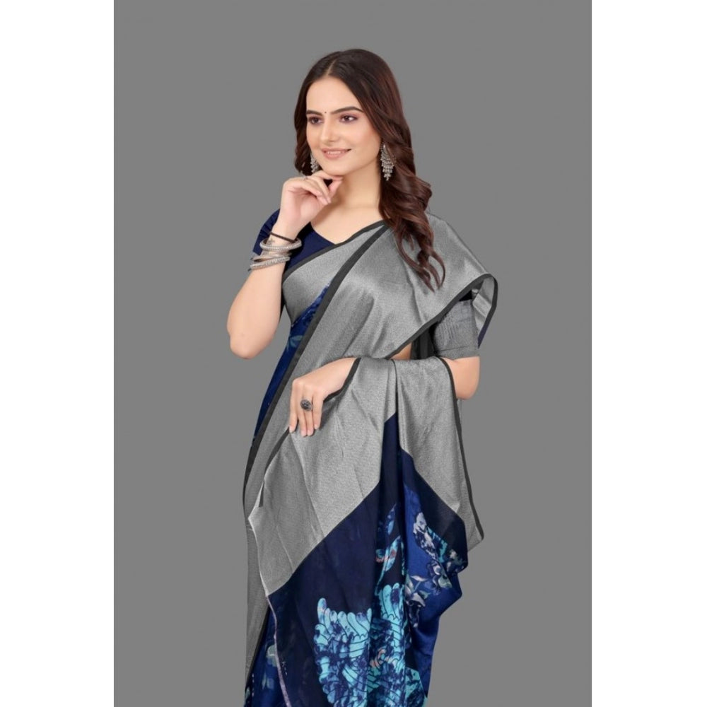 Amfyn Women's Chiffon Printed Saree With Unstitched Blouse (Blue, 5-5 Mtrs)