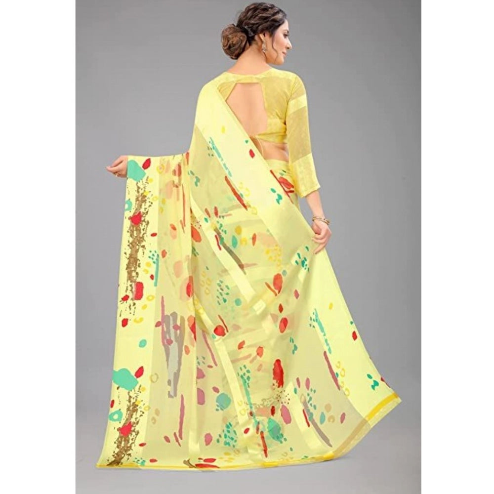 Amfyn Women's Sattin Patta Printed Saree With Unstitched Blouse (Yellow, 5-5 Mtrs)