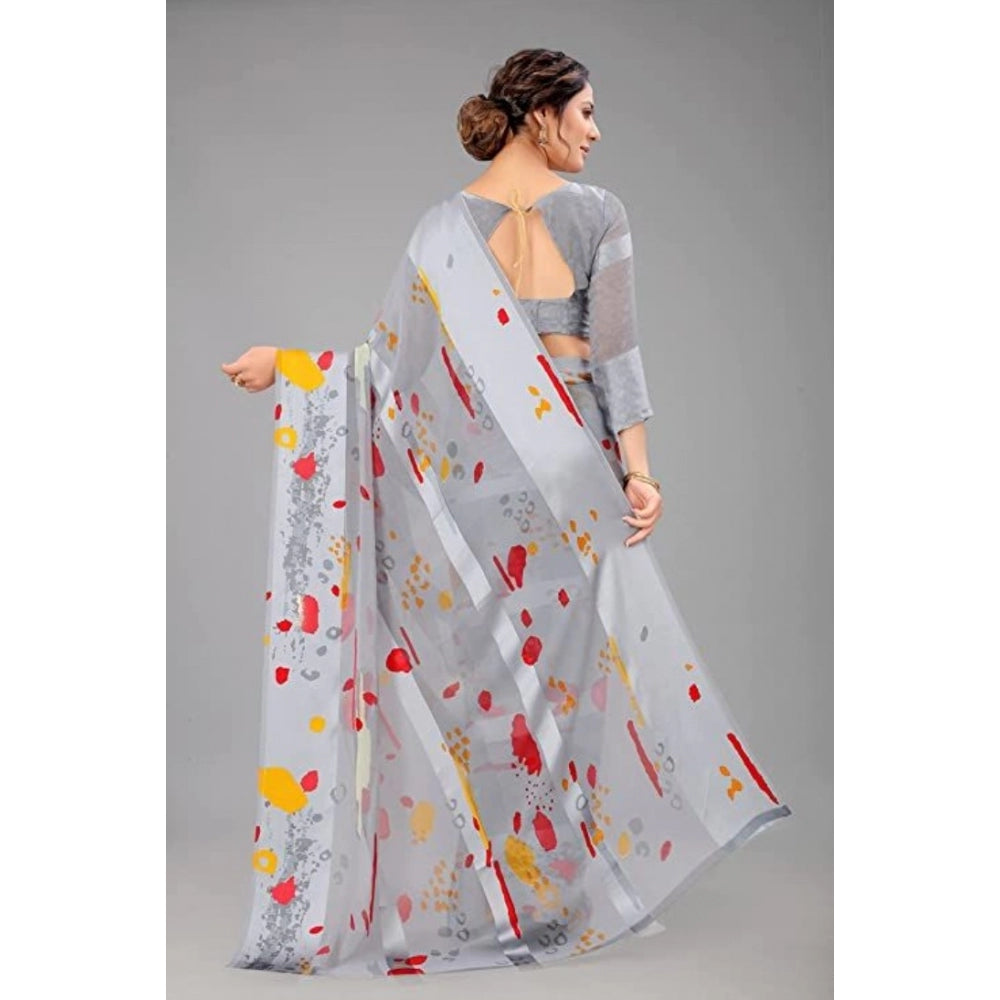 Amfyn Women's Sattin Patta Printed Saree With Unstitched Blouse (Grey, 5-5 Mtrs)