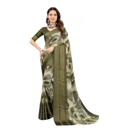 Amfyn Women's Sattin Patta Printed Saree With Unstitched Blouse (Olive, 5-5 Mtrs)