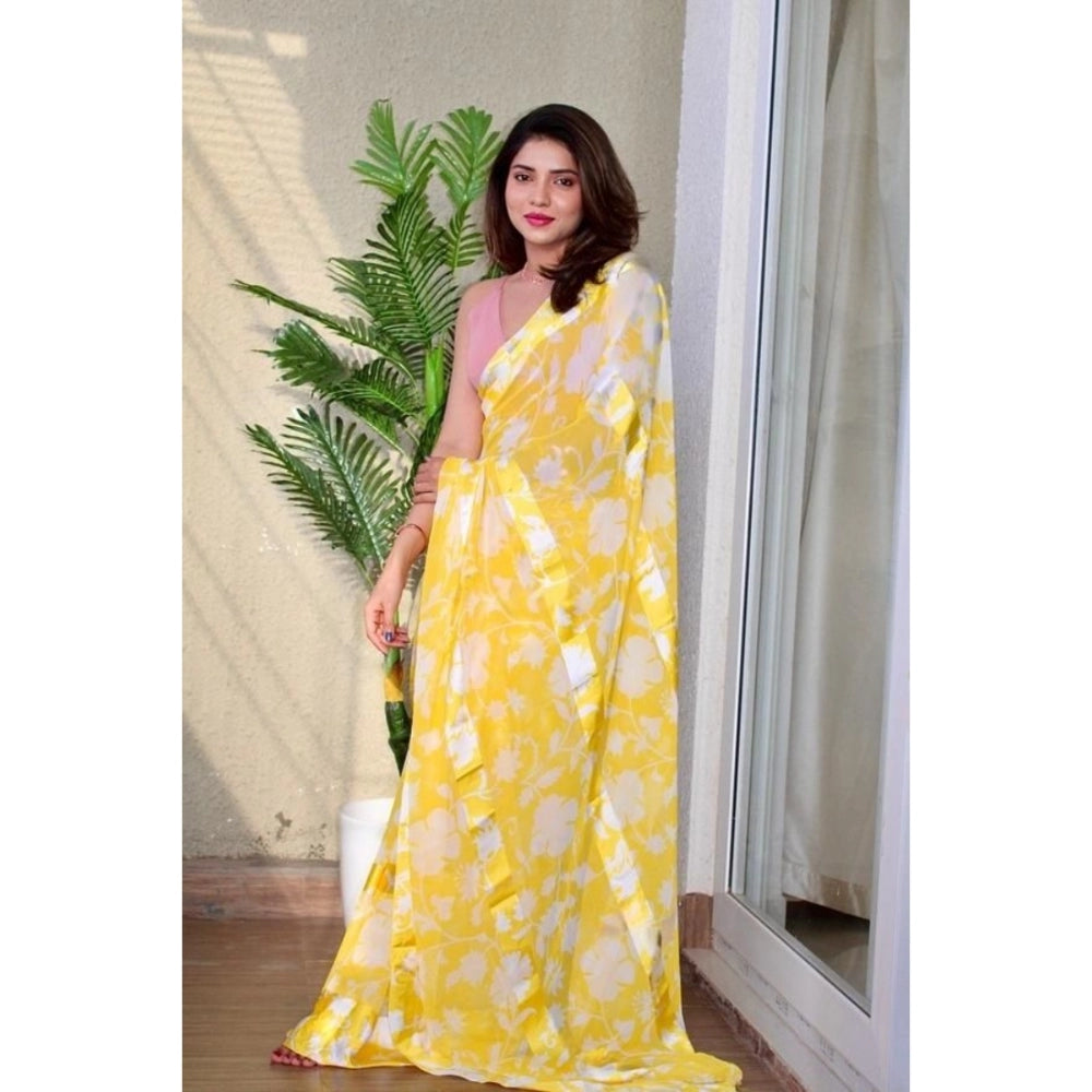 Amfyn Women's Sattin Patta Printed Saree With Unstitched Blouse (Yellow, 5-5 Mtrs)