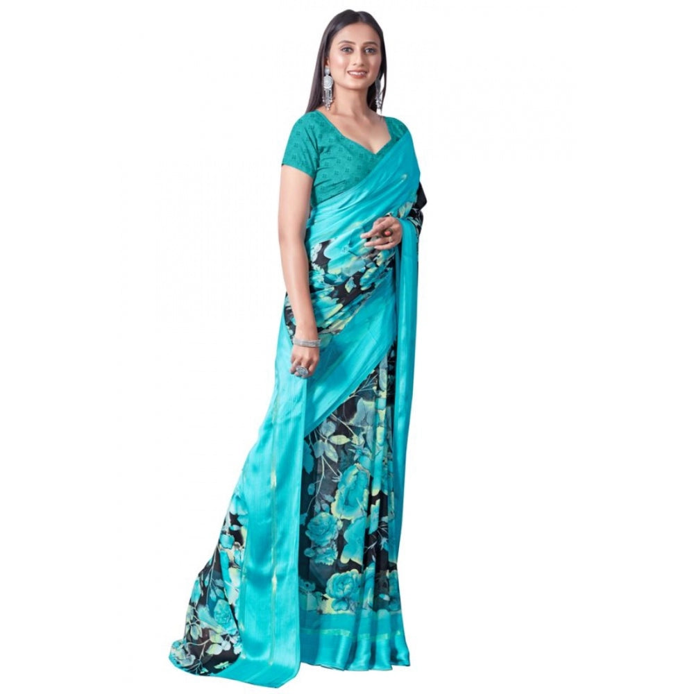 Amfyn Women's Sattin Patta Printed Saree With Unstitched Blouse (Blue, 5-5 Mtrs)