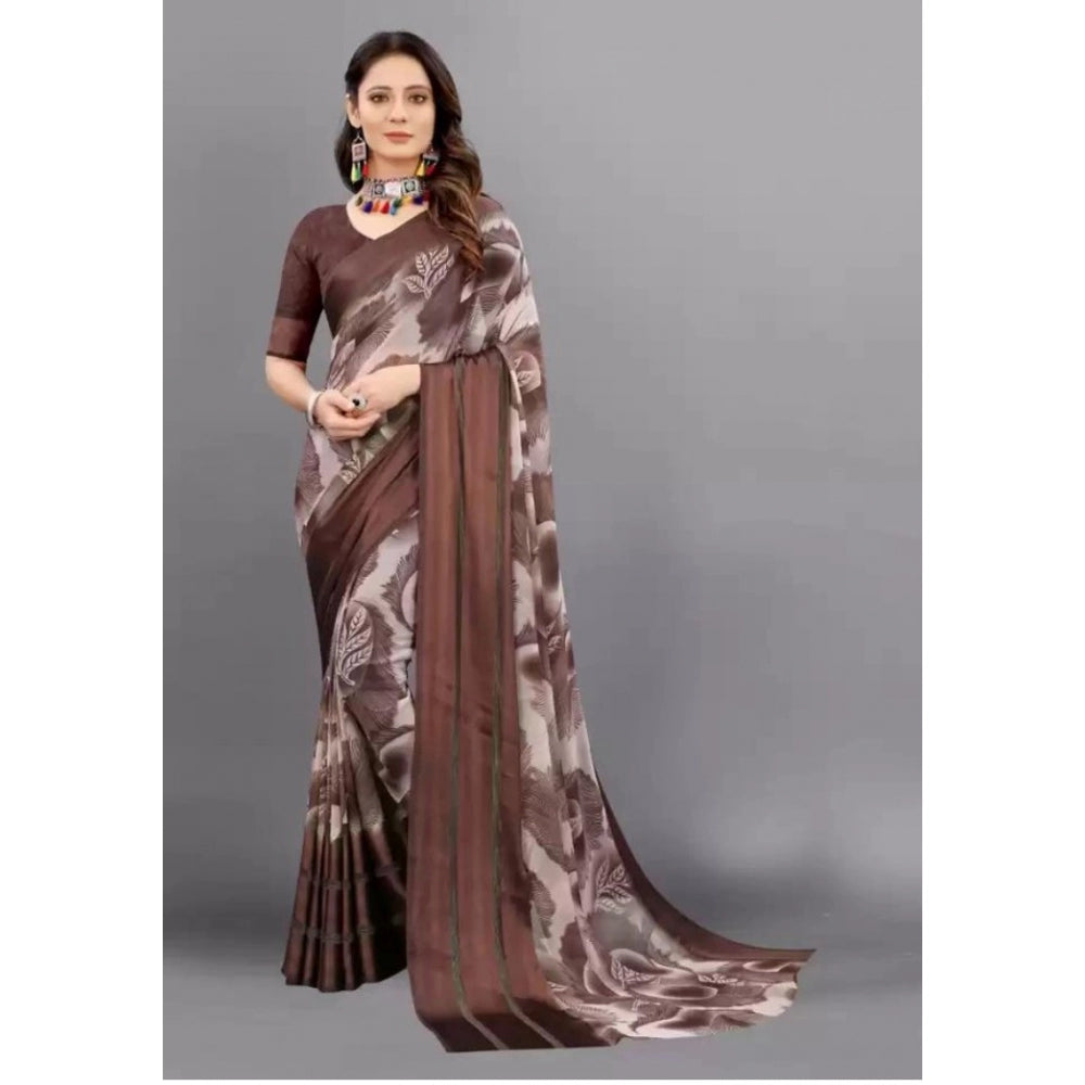 Amfyn Women's Sattin Patta Printed Saree With Unstitched Blouse (Brown, 5-5 Mtrs)