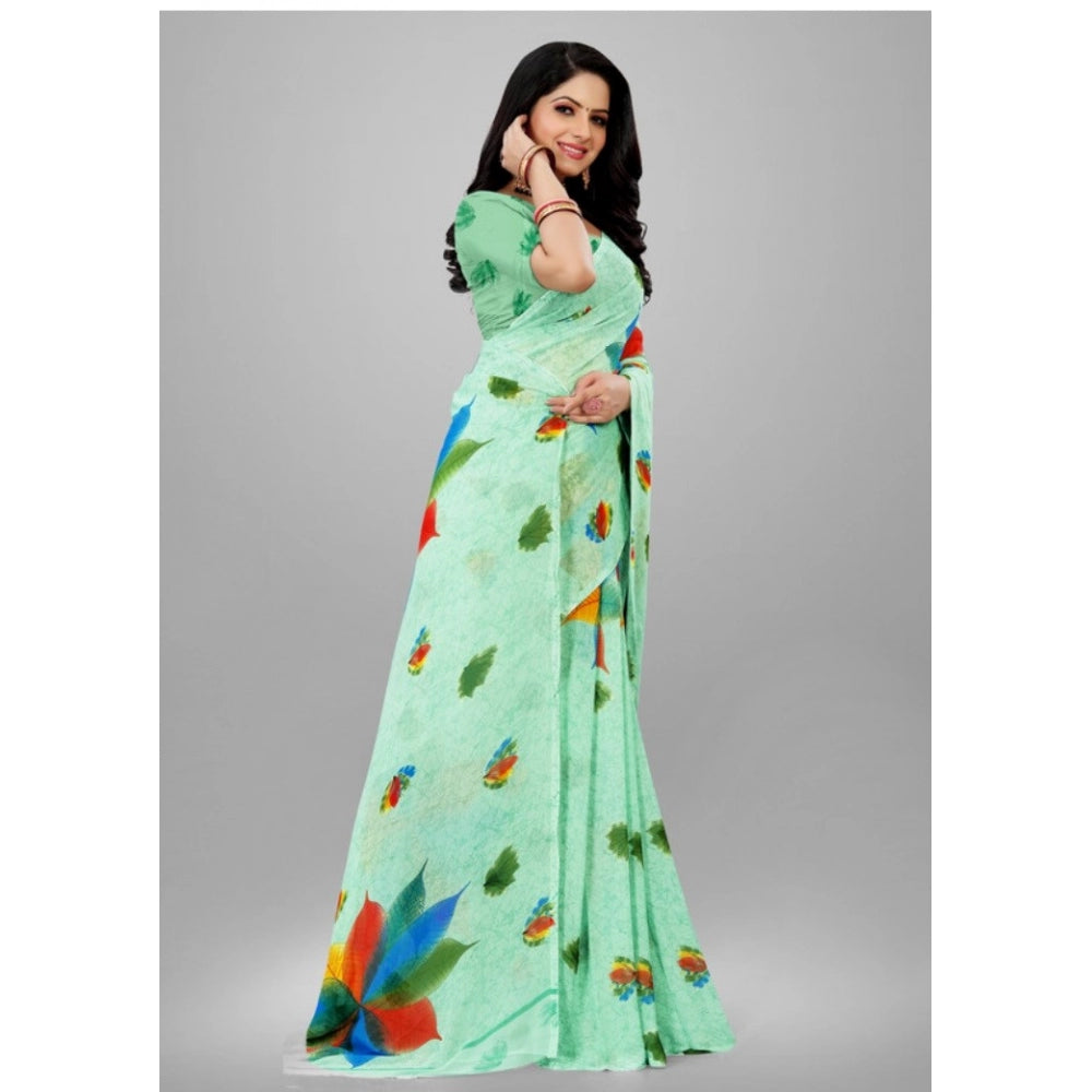 Amfyn Women's Georgette Printed Saree With Unstitched Blouse (Teal, 5-5 Mtrs)