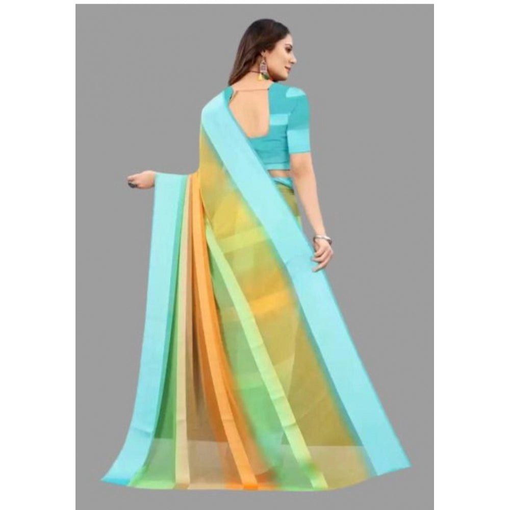 Amfyn Women's Sattin Patta Striped Saree With Unstitched Blouse (Blue, 5-5 Mtrs)