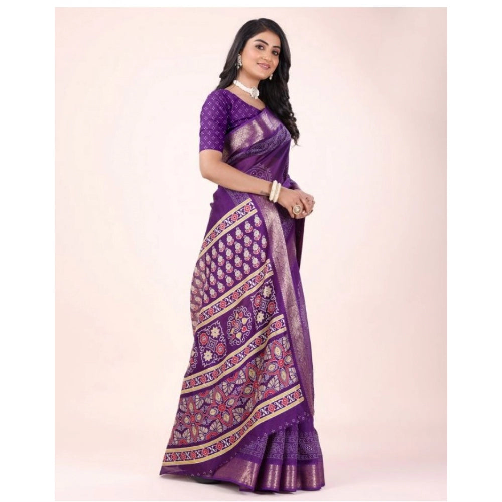 Amfyn Women's Cotton Printed Saree With Unstitched Blouse (Violet, 5-5 Mtrs)