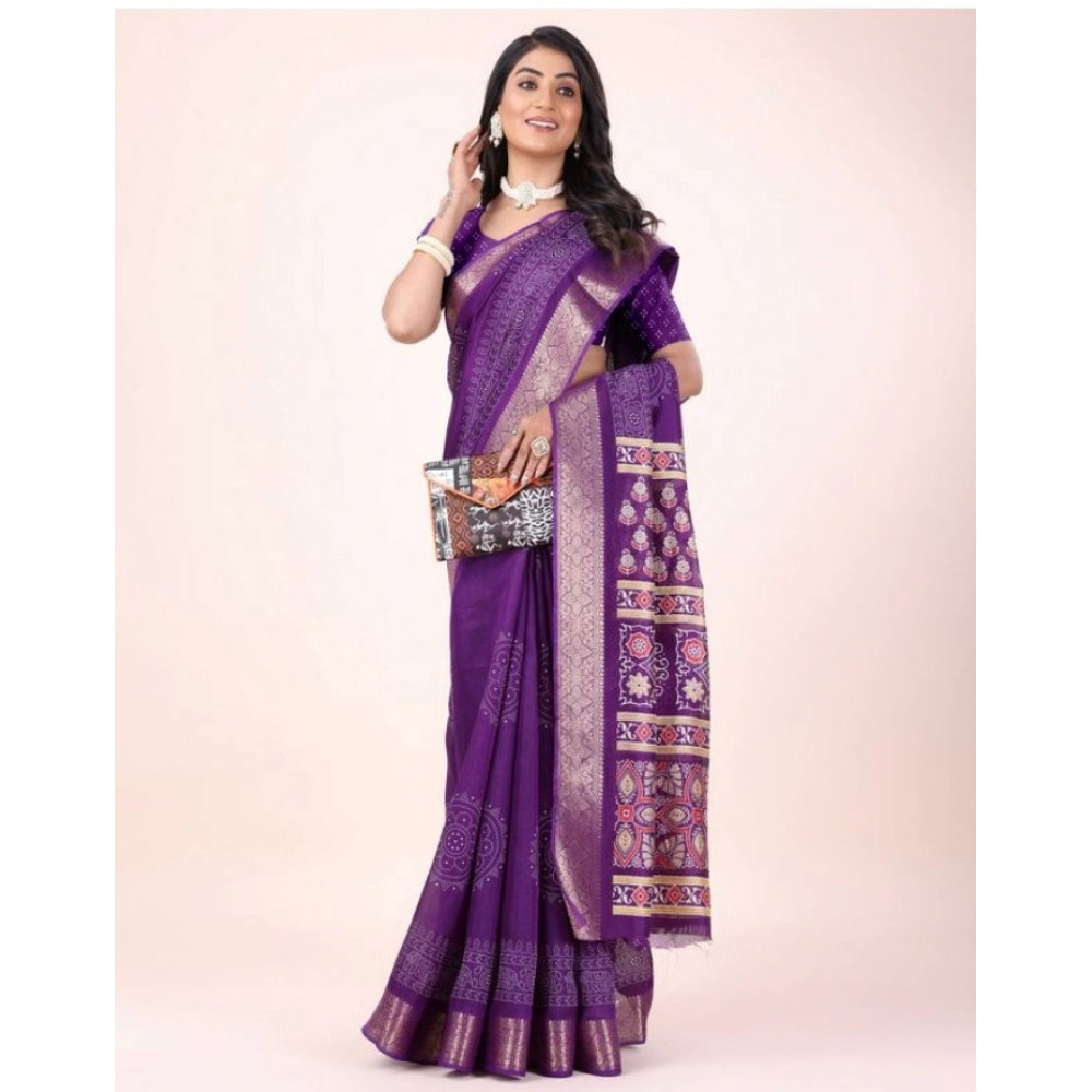Amfyn Women's Cotton Printed Saree With Unstitched Blouse (Violet, 5-5 Mtrs)