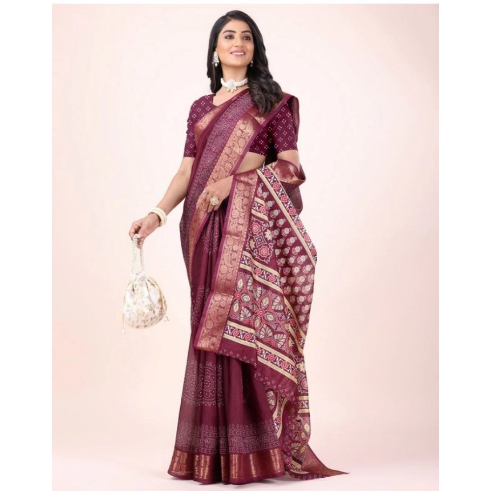 Amfyn Women's Cotton Printed Saree With Unstitched Blouse (Maroon, 5-5 Mtrs)