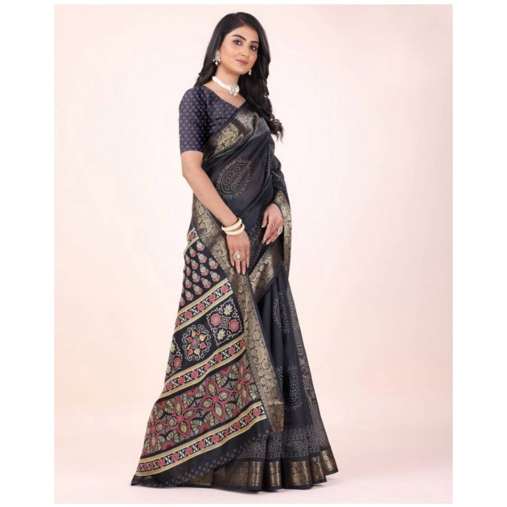 Amfyn Women's Cotton Printed Saree With Unstitched Blouse (Black, 5-5 Mtrs)