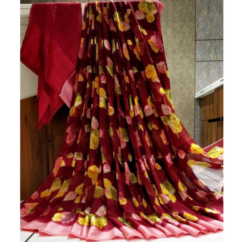Amfyn Women's Sattin Patta Printed Saree With Unstitched Blouse (Maroon, 5-5 Mtrs)