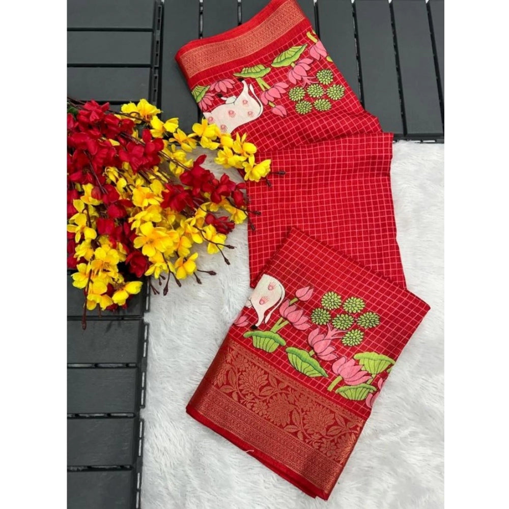 Amfyn Women's Dola Silk Printed Saree With Unstitched Blouse (Red, 5-5 Mtrs)