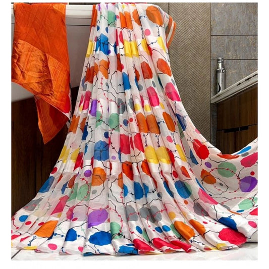 Amfyn Women's Sattin Patta Printed Saree With Unstitched Blouse (Orange, 5-5 Mtrs)