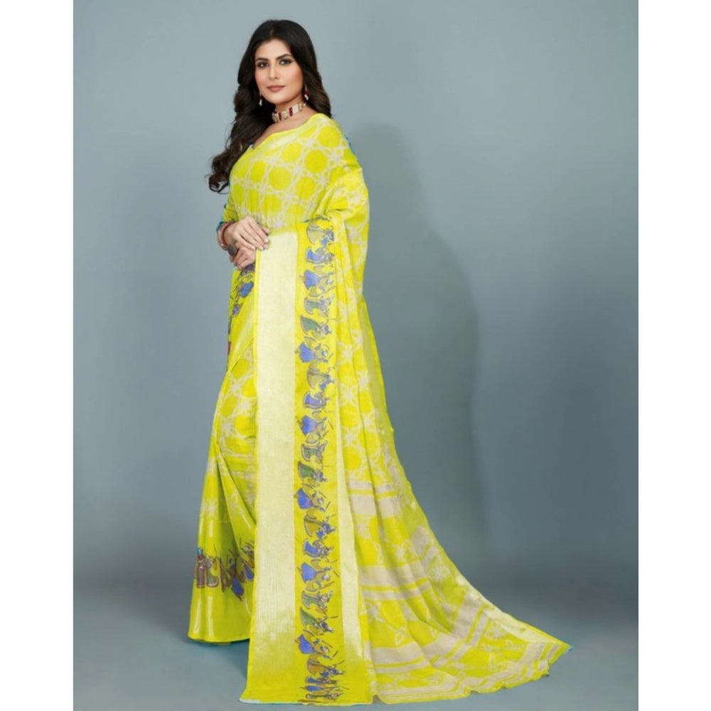 Amfyn Women's Moss Chiffon Printed Saree With Unstitched Blouse (Yellow, 5-5 Mtrs)