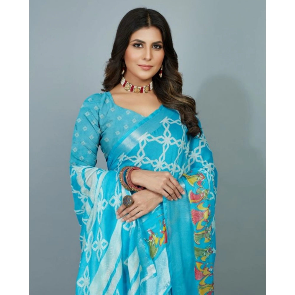 Amfyn Women's Moss Chiffon Printed Saree With Unstitched Blouse (Sky Blue, 5-5 Mtrs)