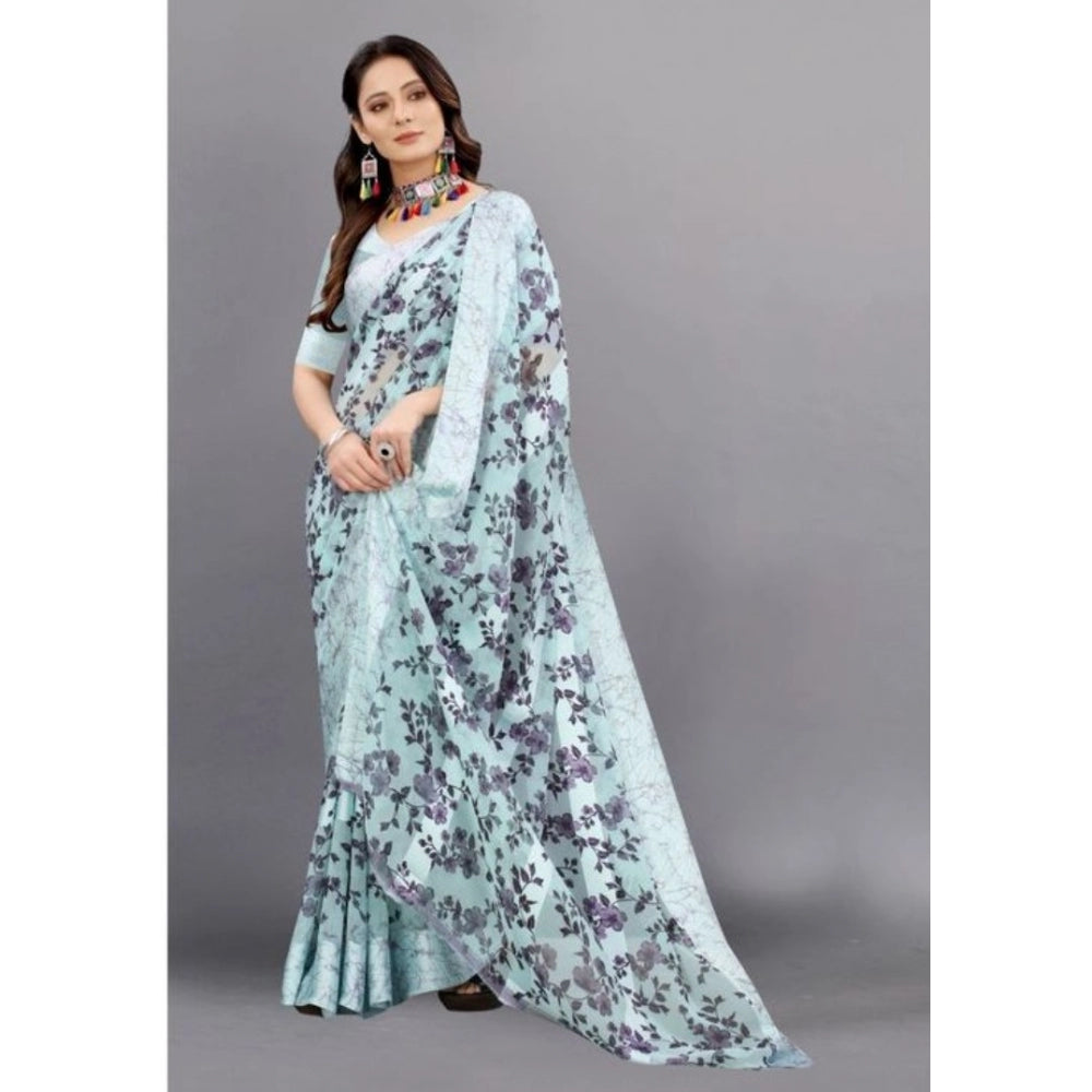 Amfyn Women's Sattin Patta Printed Saree With Unstitched Blouse (Grey, 5-5 Mtrs)