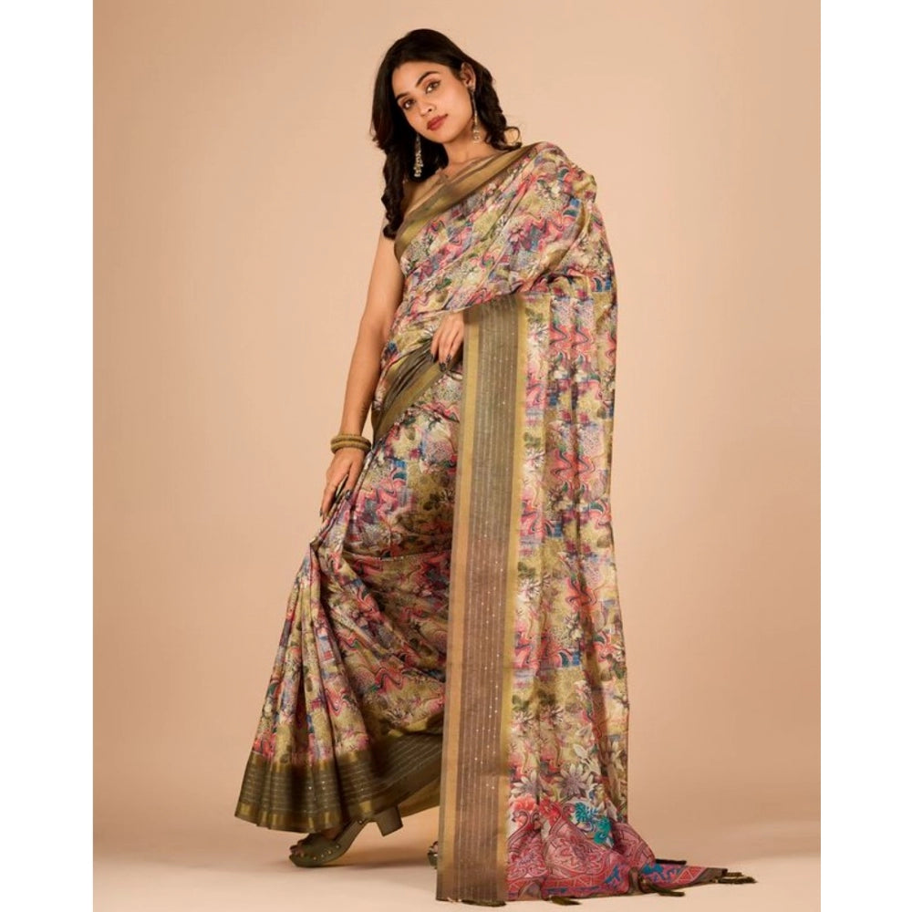 Amfyn Women's Digital Printed Saree With Unstitched Blouse (Mehendi, 5-5 Mtrs)