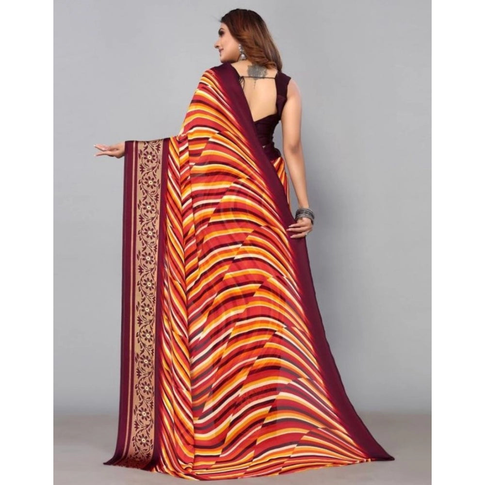 Amfyn Women's Sattin Patta Printed Saree With Unstitched Blouse (Maroon, 5-5 Mtrs)