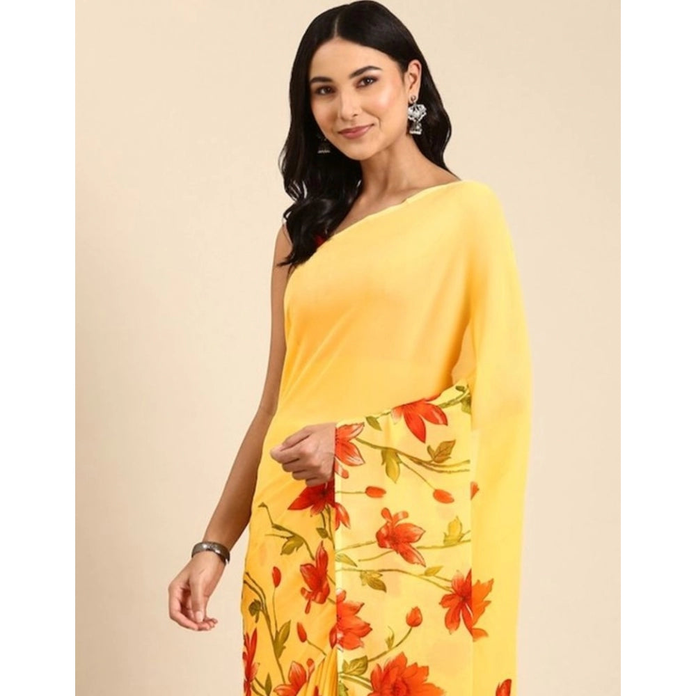 Amfyn Women's Georgette Printed Saree With Unstitched Blouse (Yellow, 5-5 Mtrs)