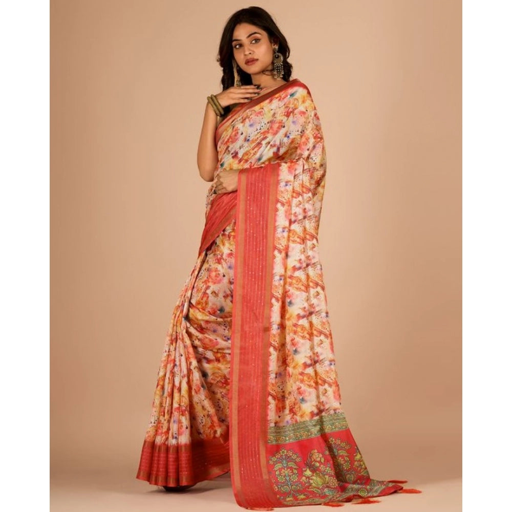 Amfyn Women's Digital Printed Saree With Unstitched Blouse (Orange, 5-5 Mtrs)