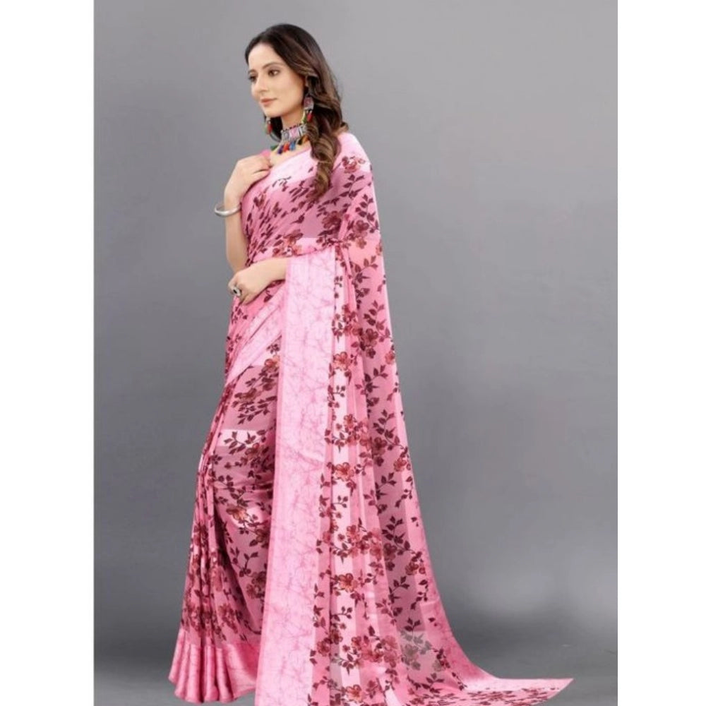 Amfyn Women's Sattin Patta Printed Saree With Unstitched Blouse (Pink, 5-5 Mtrs)