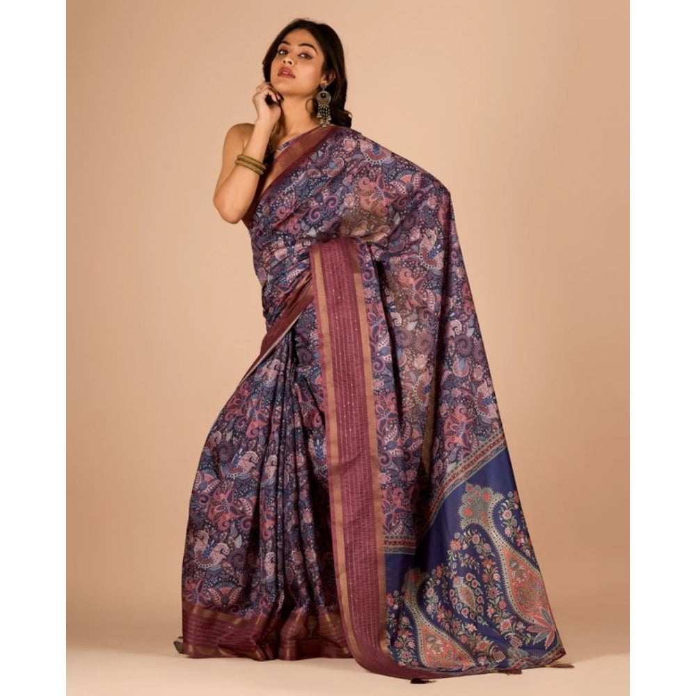 Amfyn Women's Digital Printed Saree With Unstitched Blouse (Navy, 5-5 Mtrs)