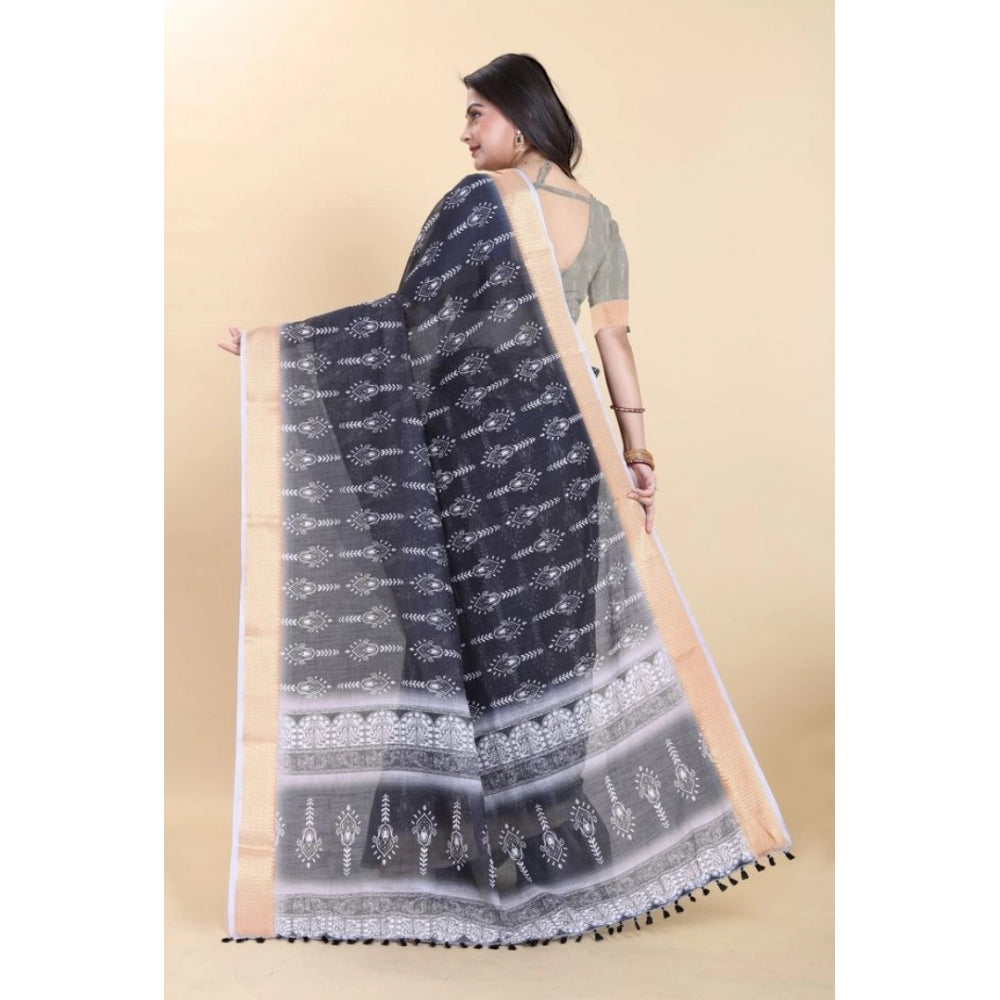 Amfyn Women's Linen Printed Saree With Unstitched Blouse (Black, 5-5 Mtrs)