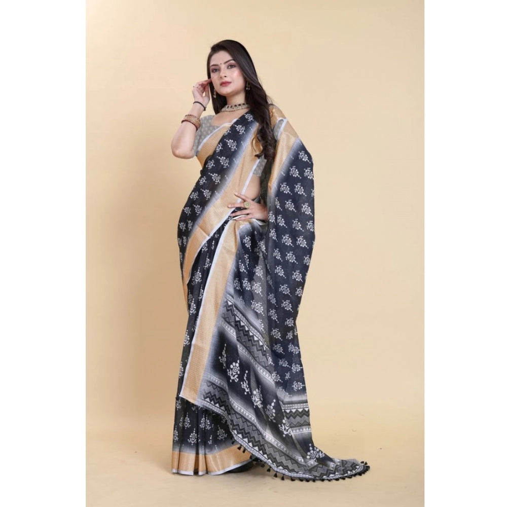Amfyn Women's Linen Printed Saree With Unstitched Blouse (Black, 5-5 Mtrs)